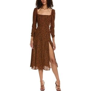 O.P.T. Lemon Midi Dress Brown Animal Print Size 2 Side Slit Square Neck‎ Party
